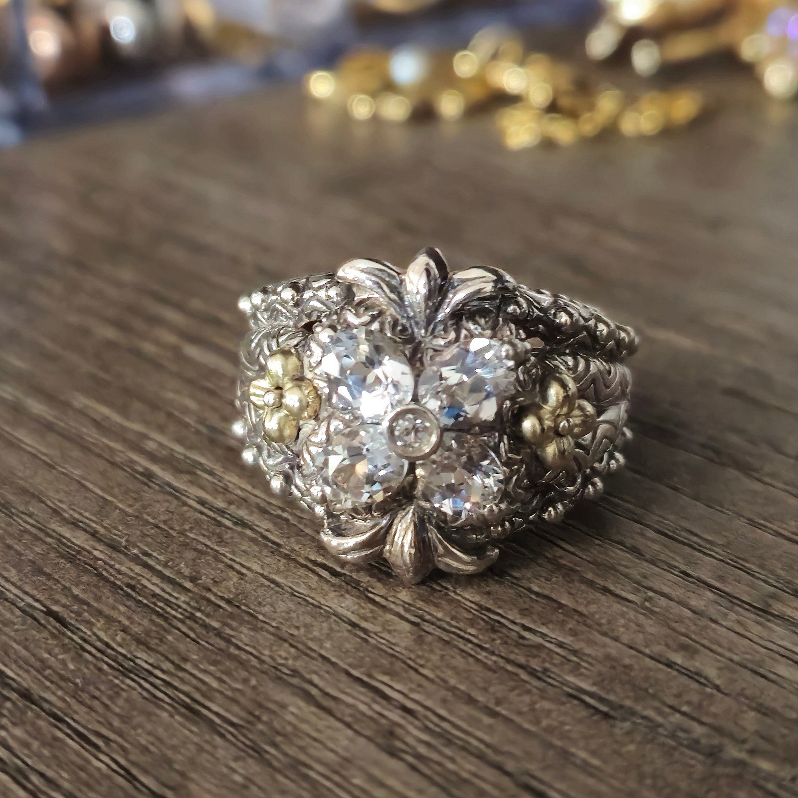 Sterling Silver 925 and 18K Gold BARBARA BIXBY White Topaz Flower Ring Designer