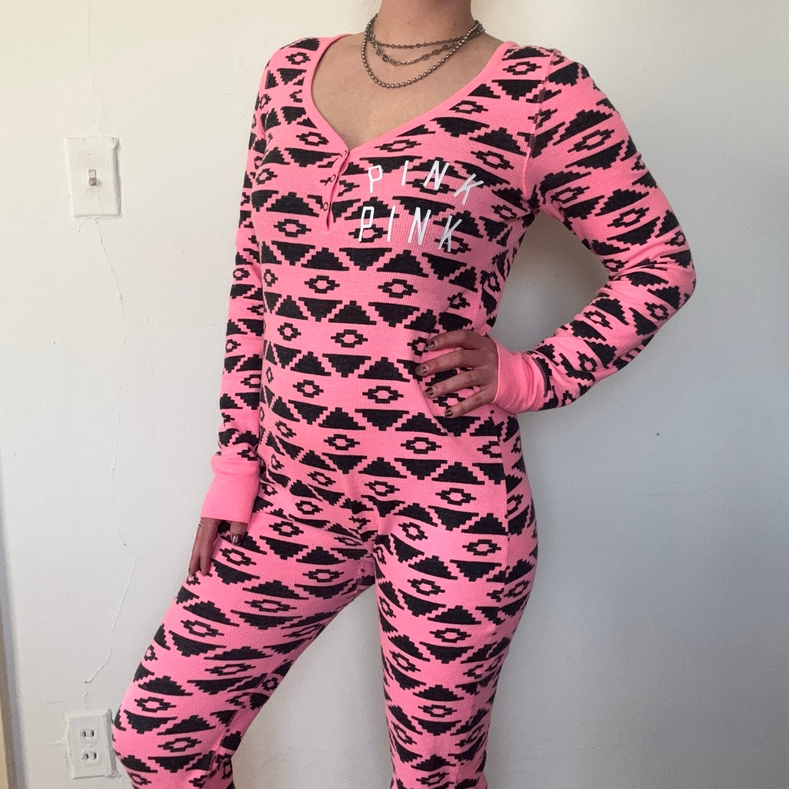 Victoria’s Secret PINK Hot Pink Aztec Print Onesie Pajamas