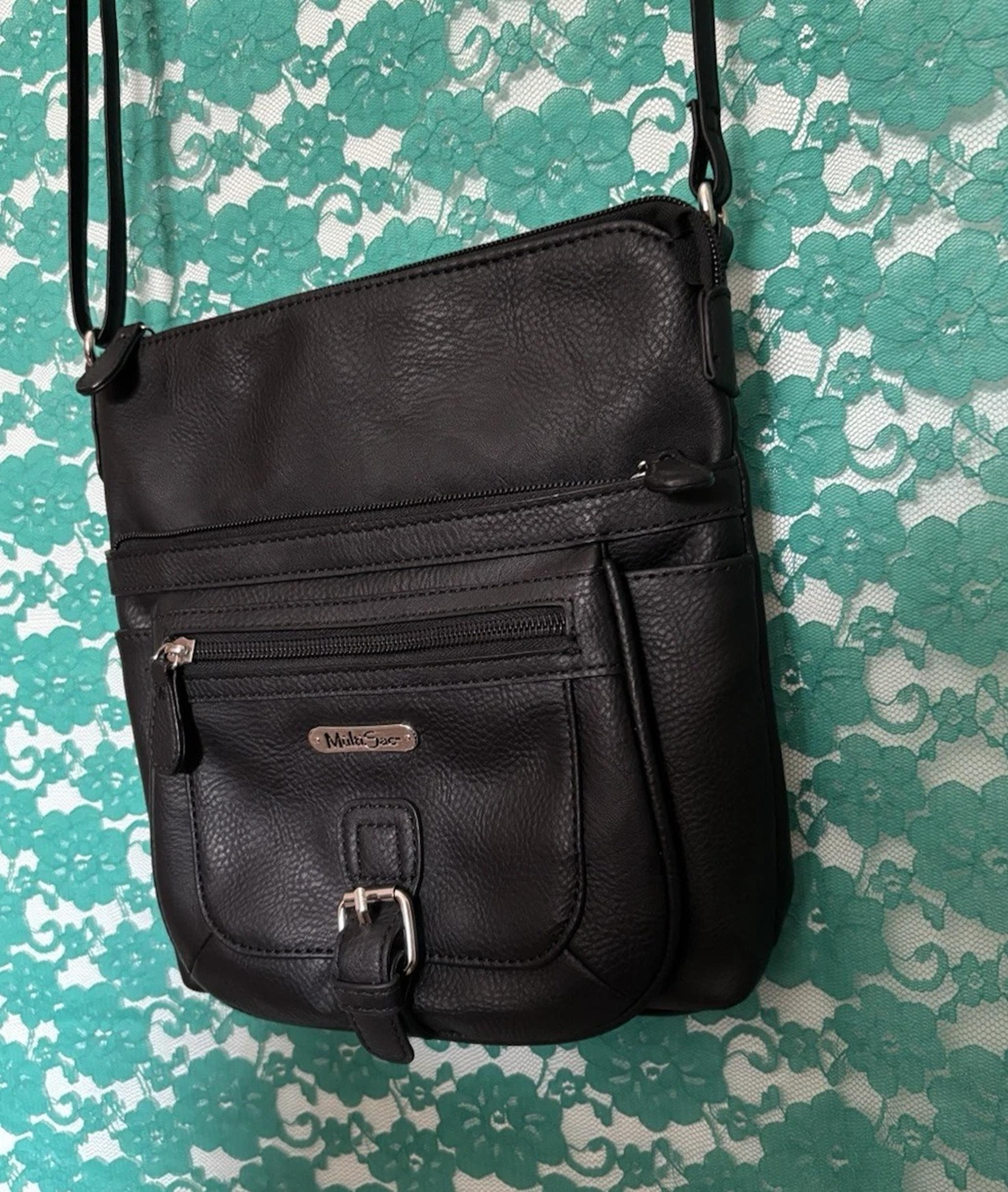 Multi Sac Black Faux Leather Pebbled, Organizer Crossbody Bag Adjustable Strap