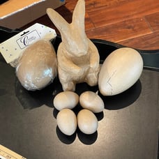 Paper Mache 8” bunny,2- 5.5” egg & 4- 2.5” eggs