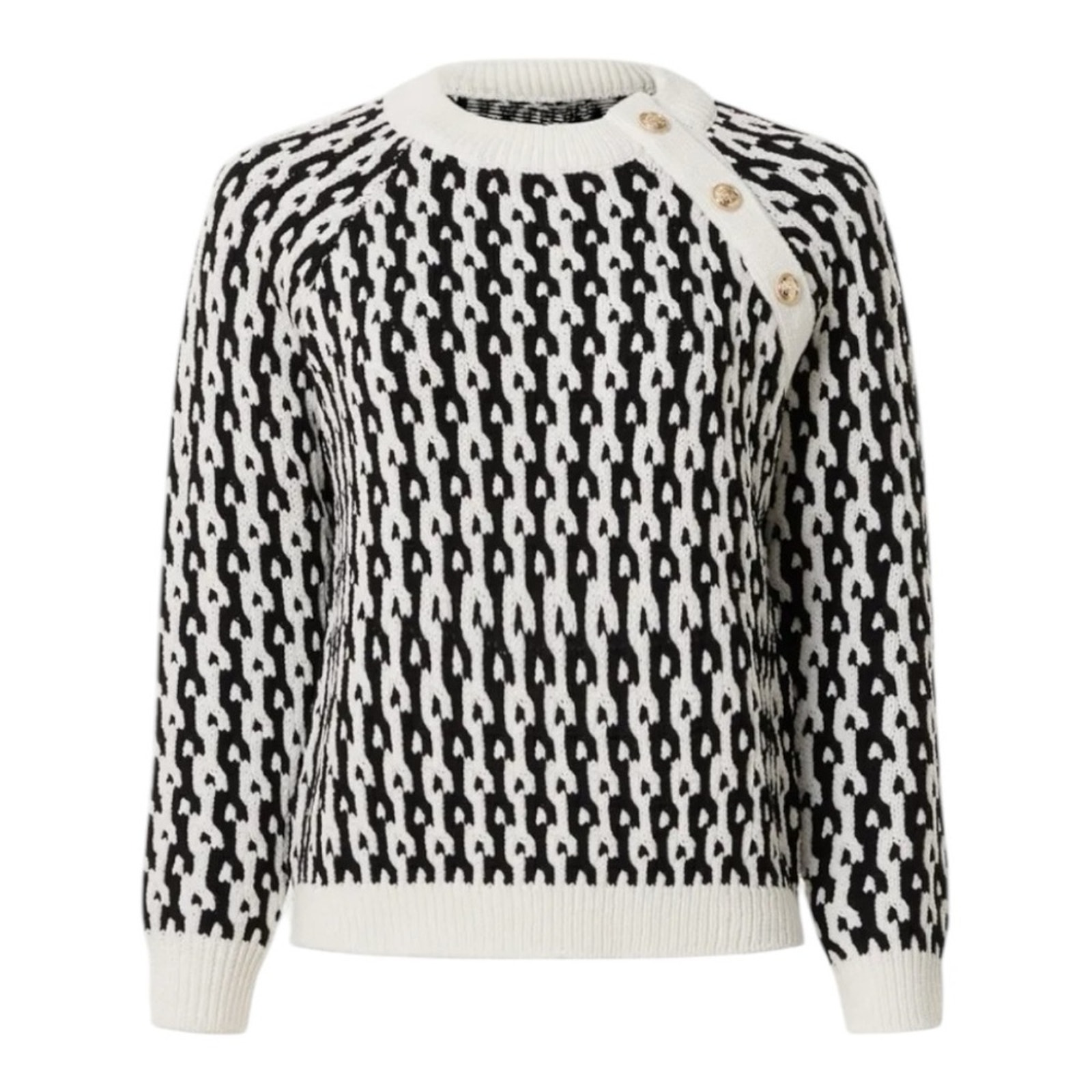 Derek Lam Collective Sweater Crewneck Gold Shoulder Buttons Black White Knit M