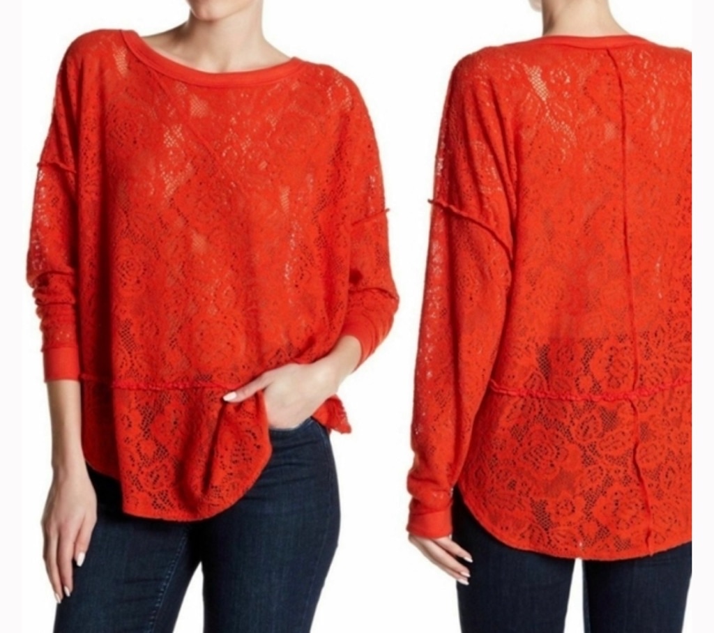 Women’s Free People Not Cold in This Bright Orange Knit Lace Oversized Sweater