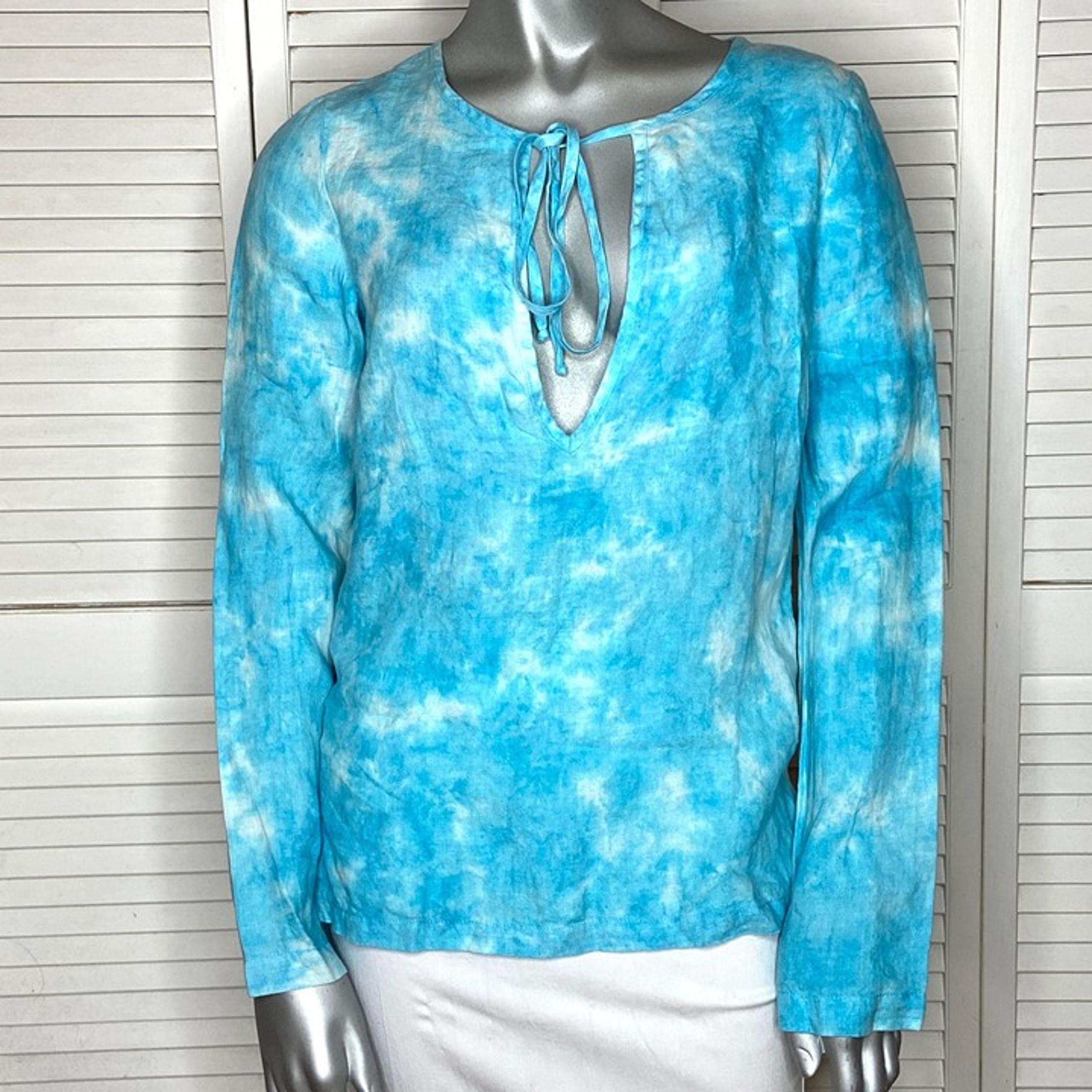 Vintage 2000s Juicy Couture Bright Blue Tie Dye Peasant Top Tunic 100% Linen S
