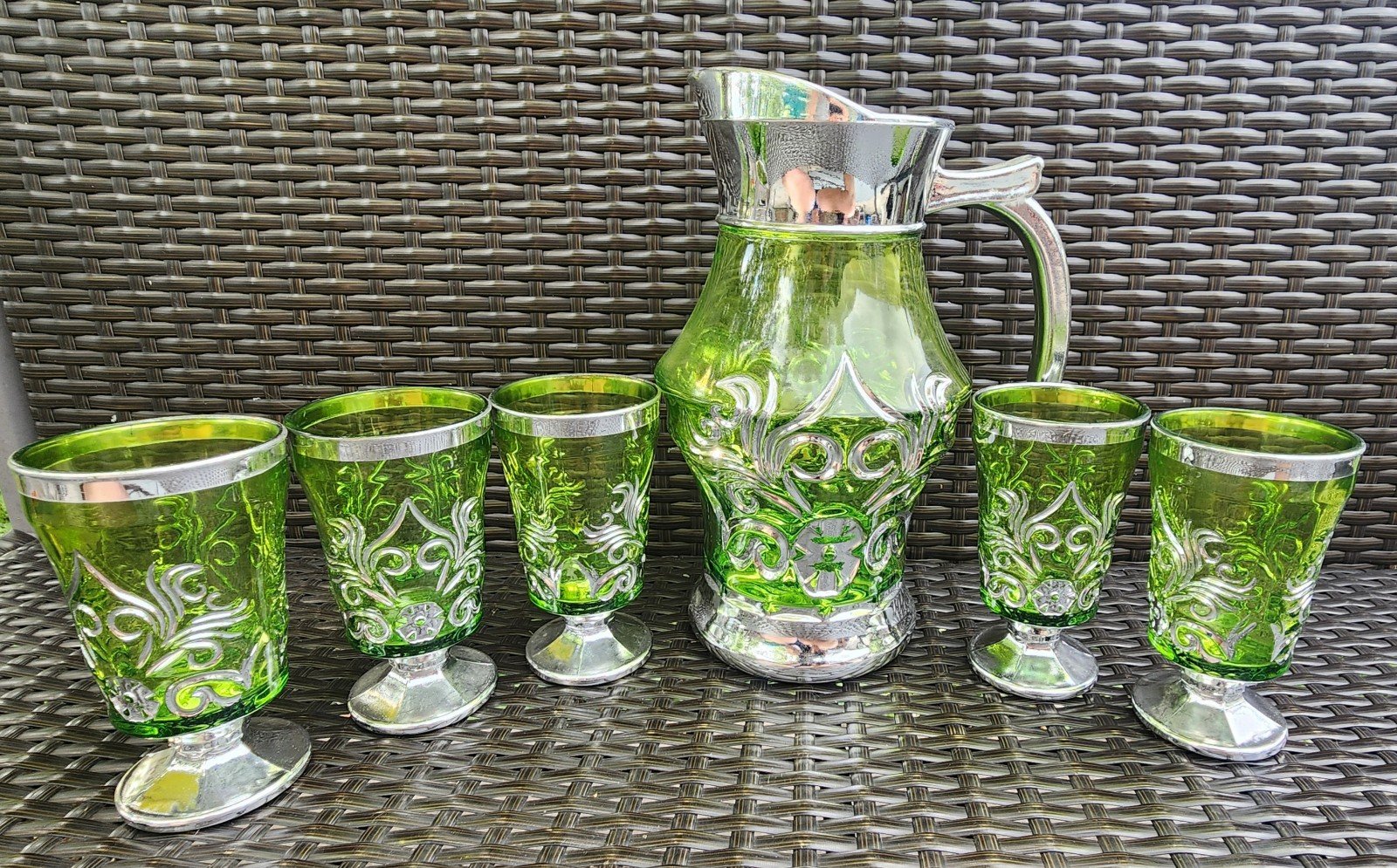 Vintage Green Glass Pitcher w/5 Matching Glasses Silver Embossing