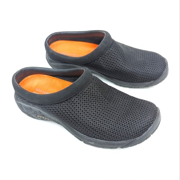 MERRELL black mesh slip-on clogs mules