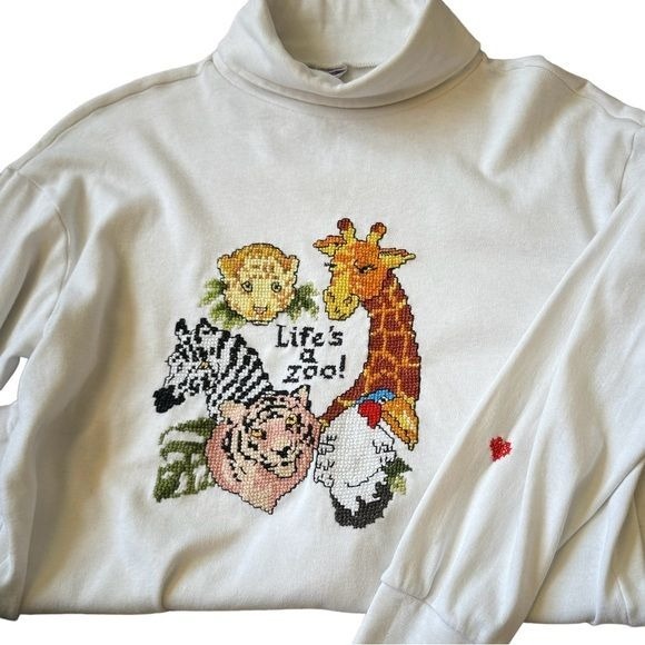 Vintage Needlepoint Life's a Zoo Animal Turtleneck, Size XS