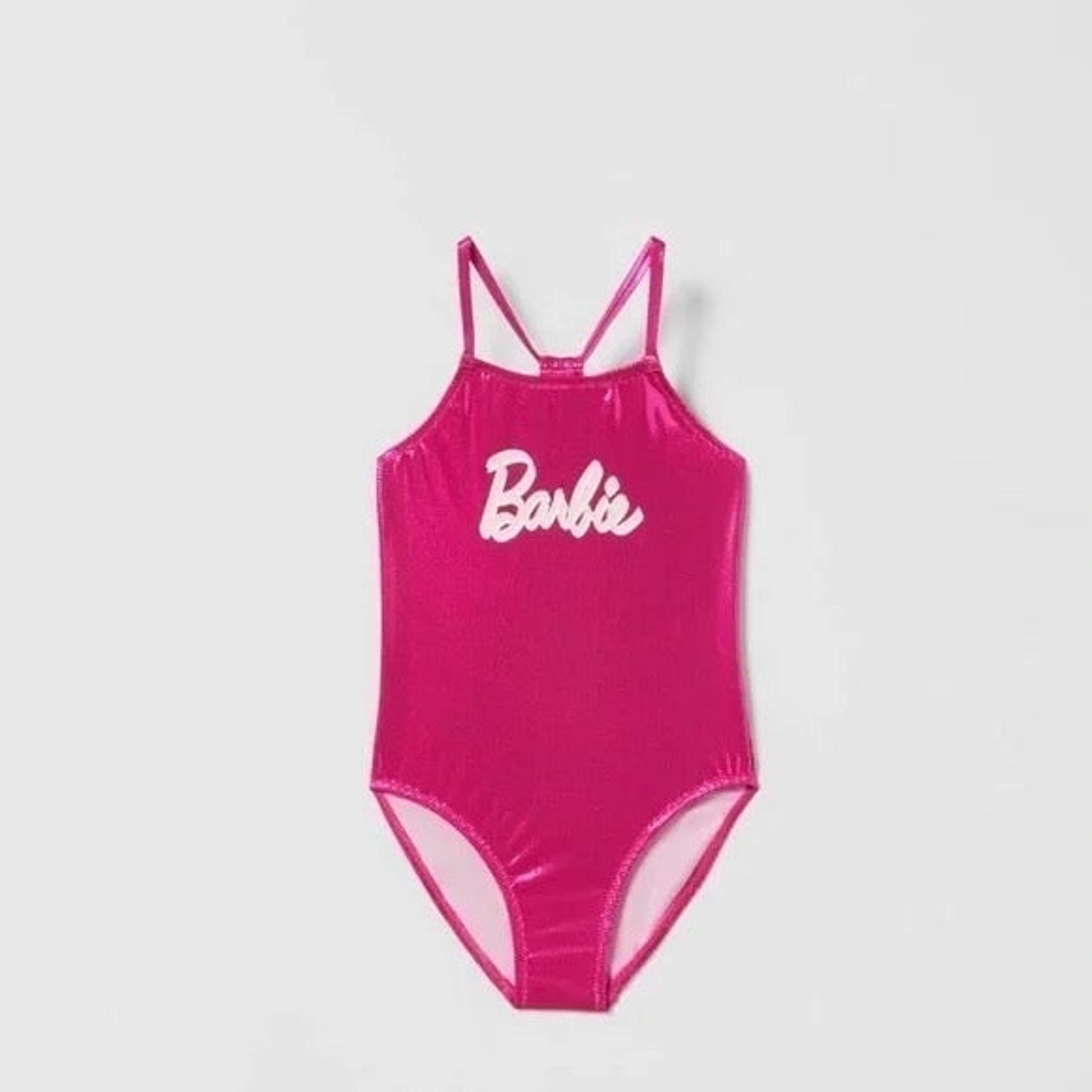 NWT Zara x Barbie Girls Barbie Metallic Pink One Piece Swimsuit Size 13-14
