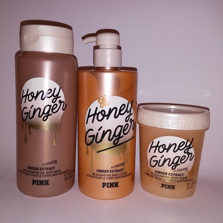 Set of 3 Victoria Secret PINK Honey Ginger Gift Set Body Wash Lotion Scrub Brand