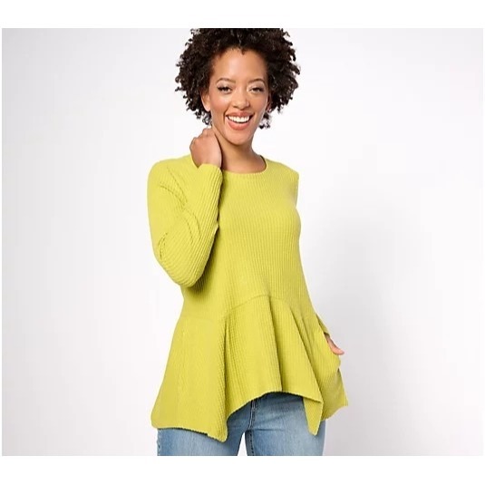 LOGO by Lori Goldstein Cloud Waffle Peplum Top Palm Leaf Green Womens XX Small