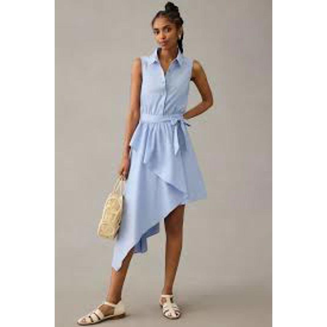 Maeve - Blue Asymmetrical Dress with Belt, sleeveless shirt dress, size 12