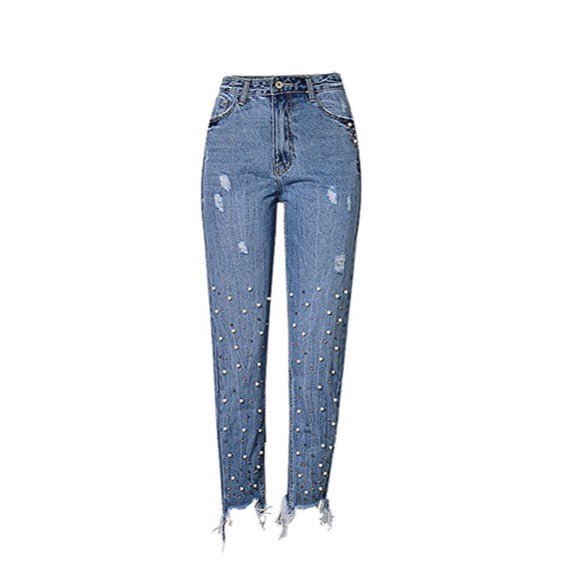 Pearl jeweled Jeans with Distressed Hem
