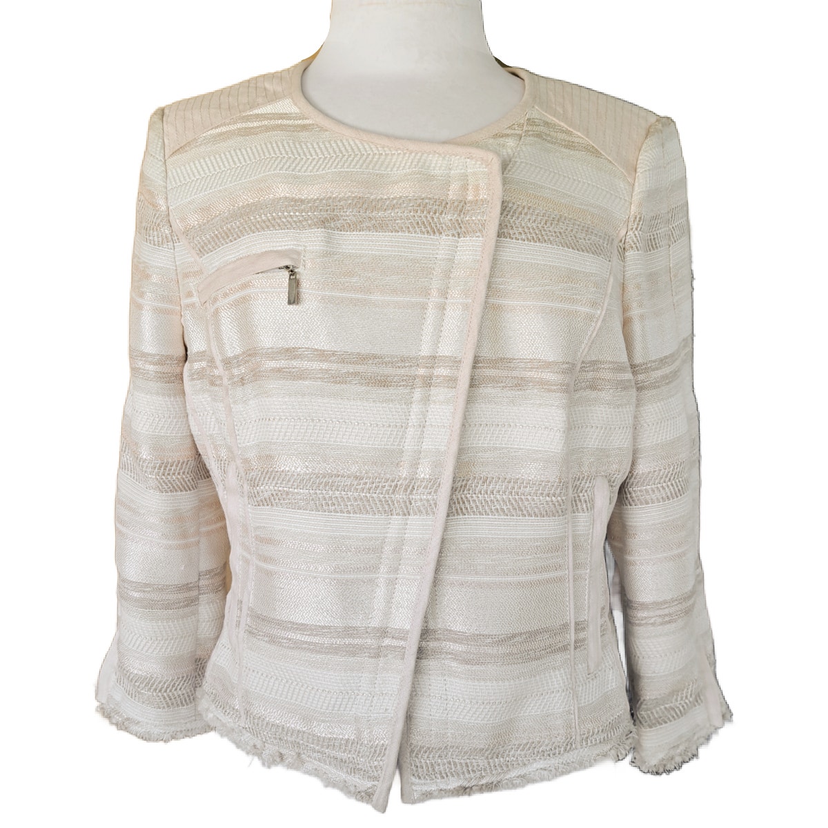 White House Black Market Beige Stripe Short Moto Jacket Blazer Size 10 Cream