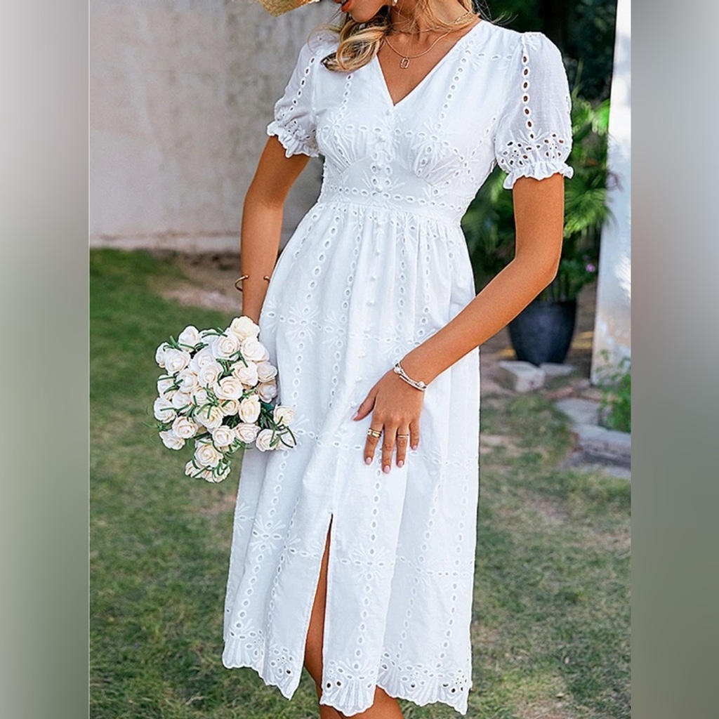 NWT Zeasy White Eyelet Midi Cotton Peasant Dress Size Medium
