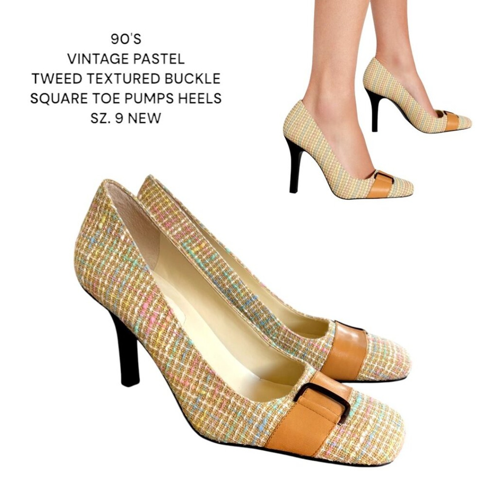 VINTAGE 90'S TWEED PASTEL BUCKLE SQUARE TOE PUMPS HEELS SIZE 9 NEW