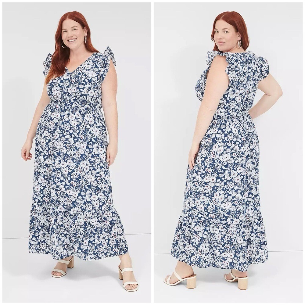 NWOT Lane Bryant Flutter-Sleeve Button-Front Maxi Dress Navy White Size 18