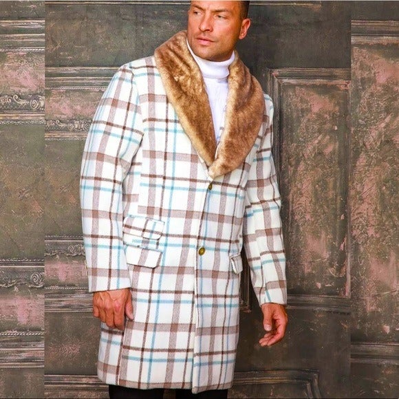 Men's Fashion White Brown Lt.Blue Plaid Faux Fur Overcoat Size 2XL, 3XL, 4XL, 5X