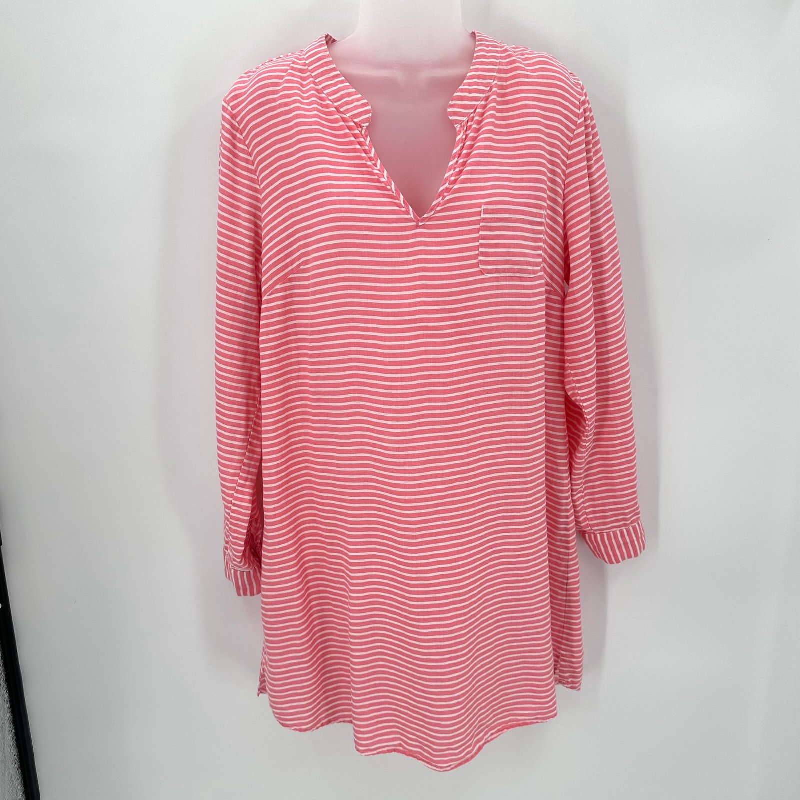 HIHO Linen Shift Dress Womens L Pink Stripe Long Sleeve Vacation Resort Beach