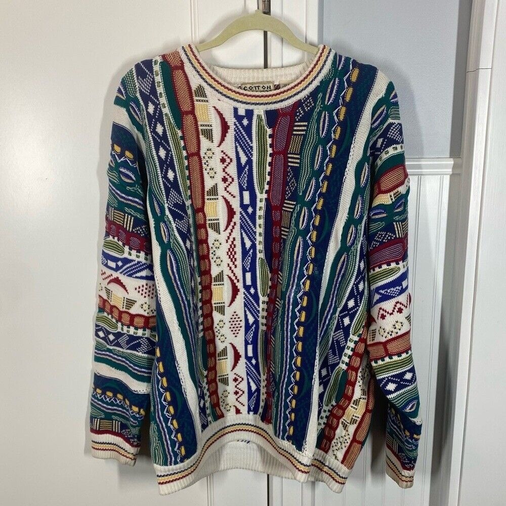VTG Cotton Traders Coogi Style Sweater Men's Large Multicolored 3D Knit Y2K 90s