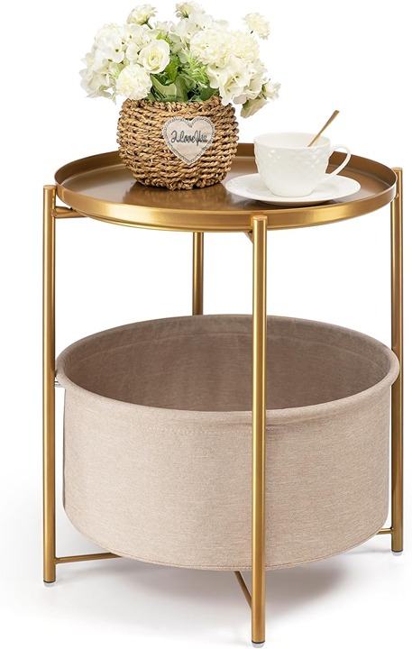 Round Side Table with Fabric Storage Basket, Metal Small Bedside Nightstand