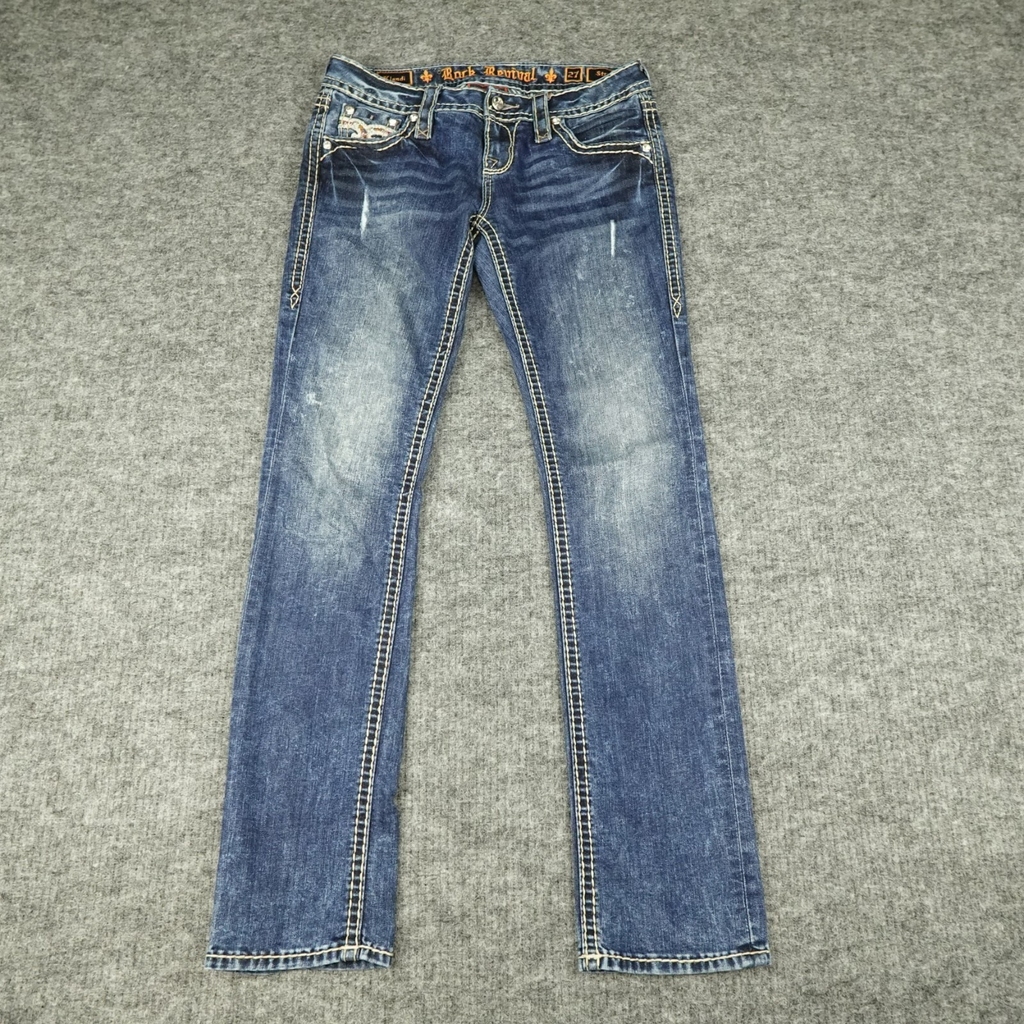 Rock Revival Jeans Womens 27 Klandi Straight Flap Pockets Rhinestone Ladies