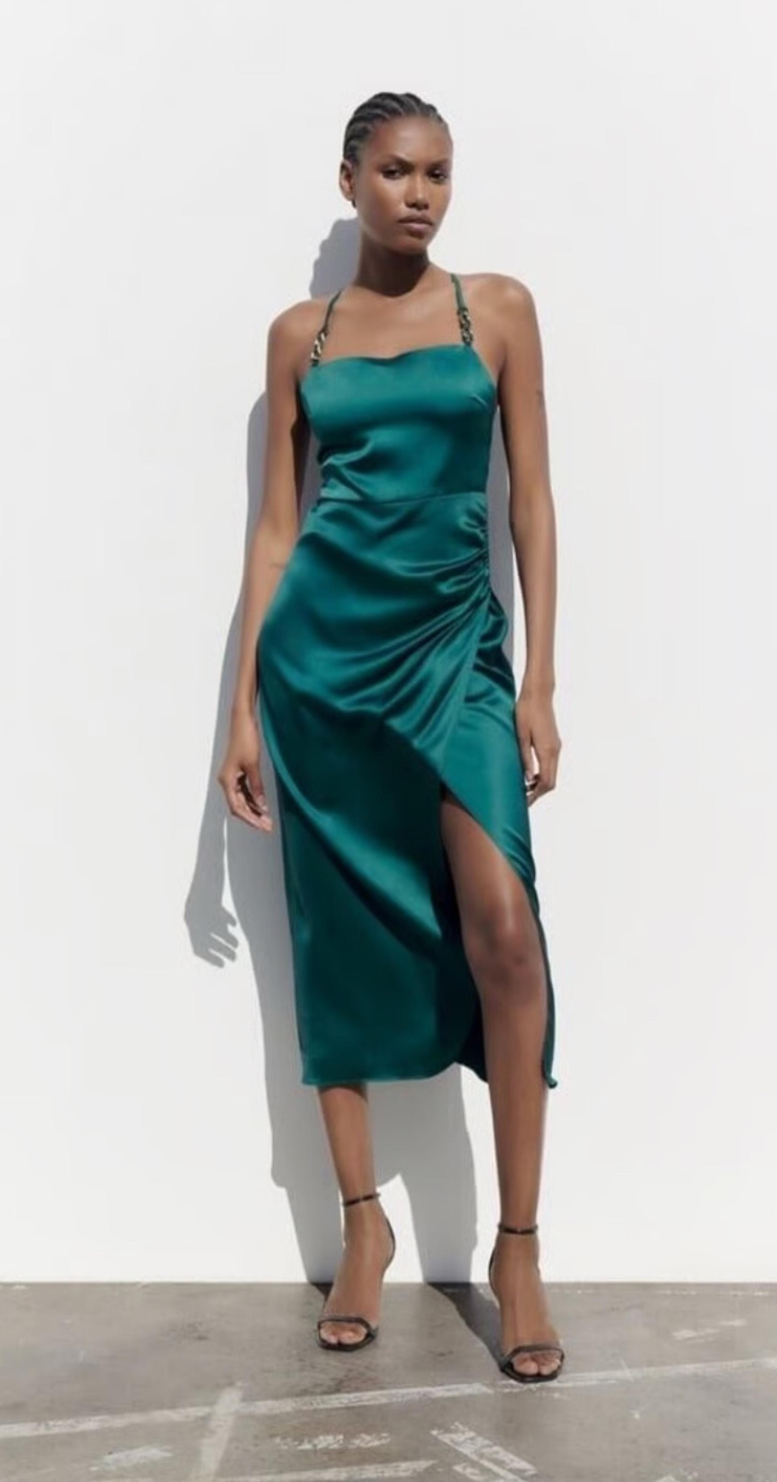 Zara Emerald Green Satin Chain crisscross Straps Midi Dress Green Women Slit XS