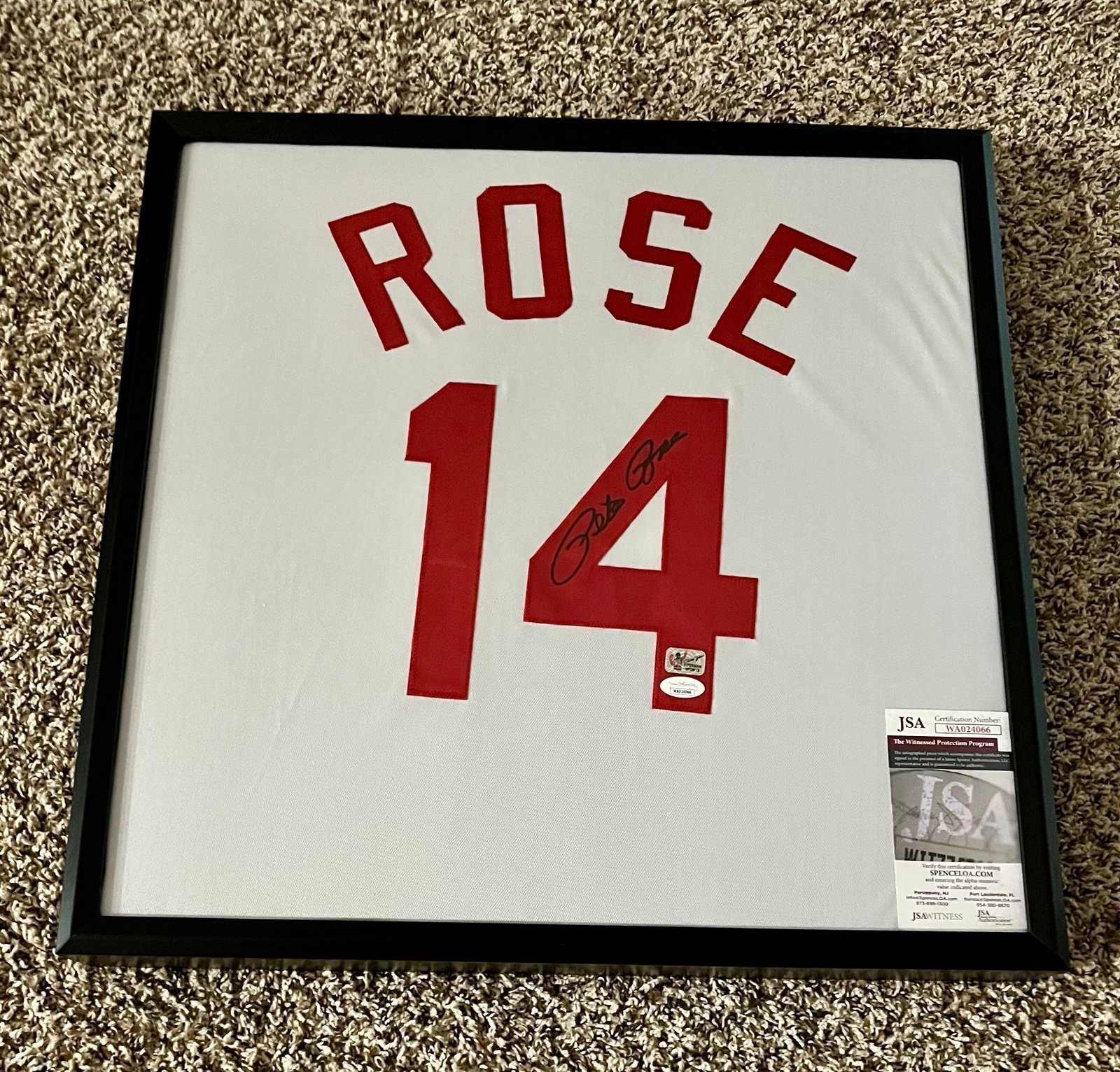 Pete Rose Cincinnati Reds custom framed autographed signed jersey 21x21 JSA COA