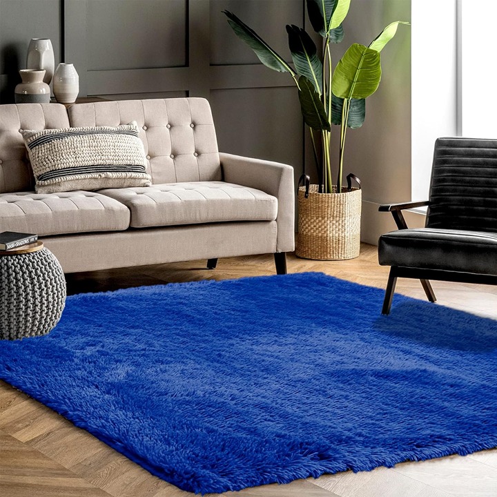 5x8 Fluffy Grey Rug for Living Room, Large Shaggy Floor Big Carpets , Navy Blue
