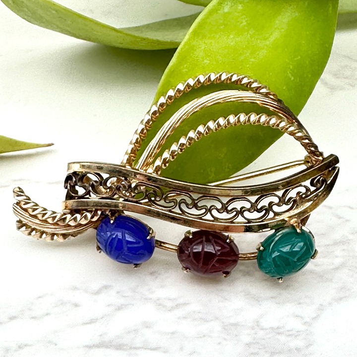 Winard 12K Gold Filled Gemstone Scarab Brooch W/ Filigree Designer Signed