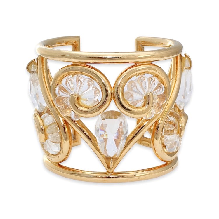 Vintage Lanvin Heart Cuff Bracelet Gold Plated with Glass Flowers & Crystal Rare