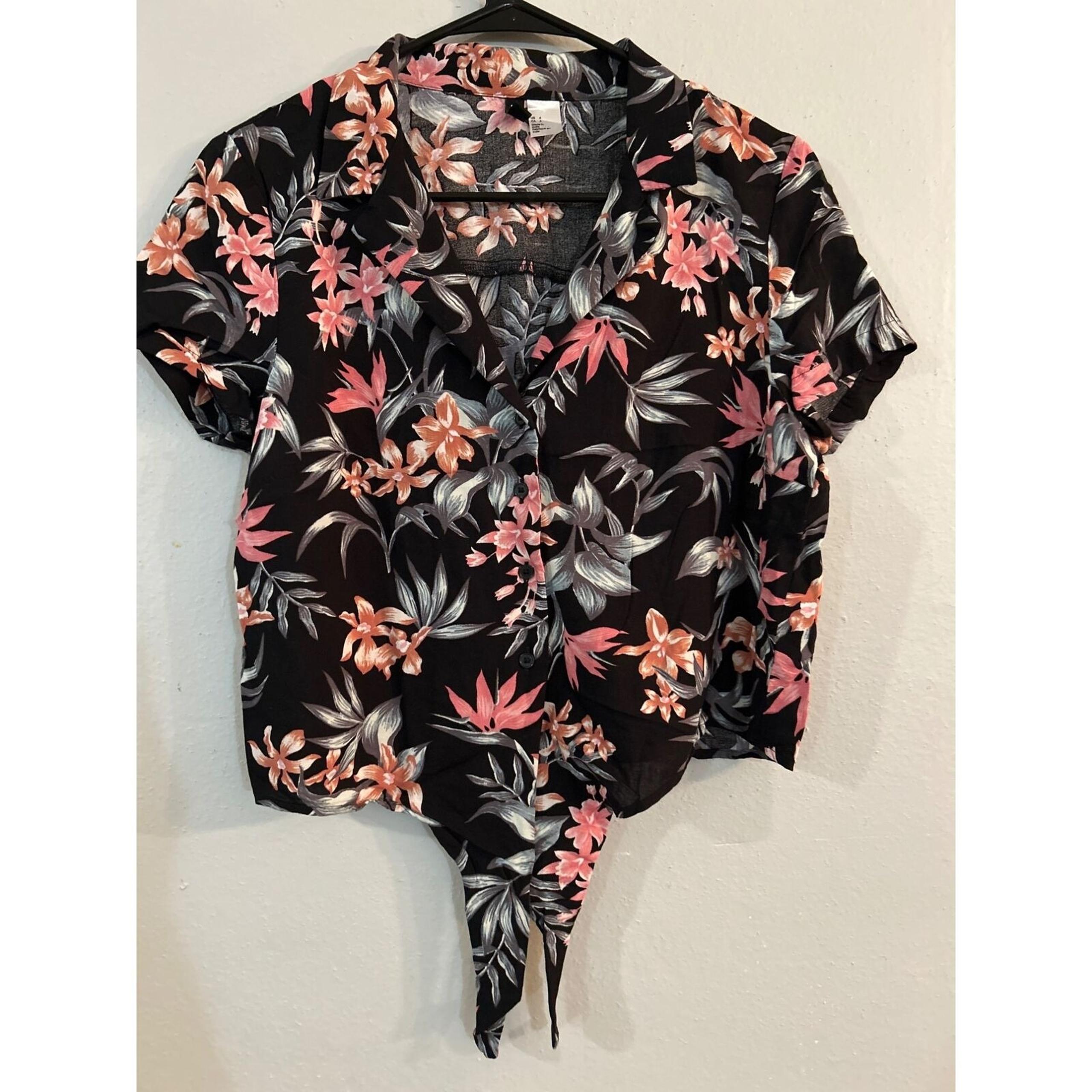 H&M Divided Womens Floral Tie-Front Blouse Size 4 Black Pink & Gray