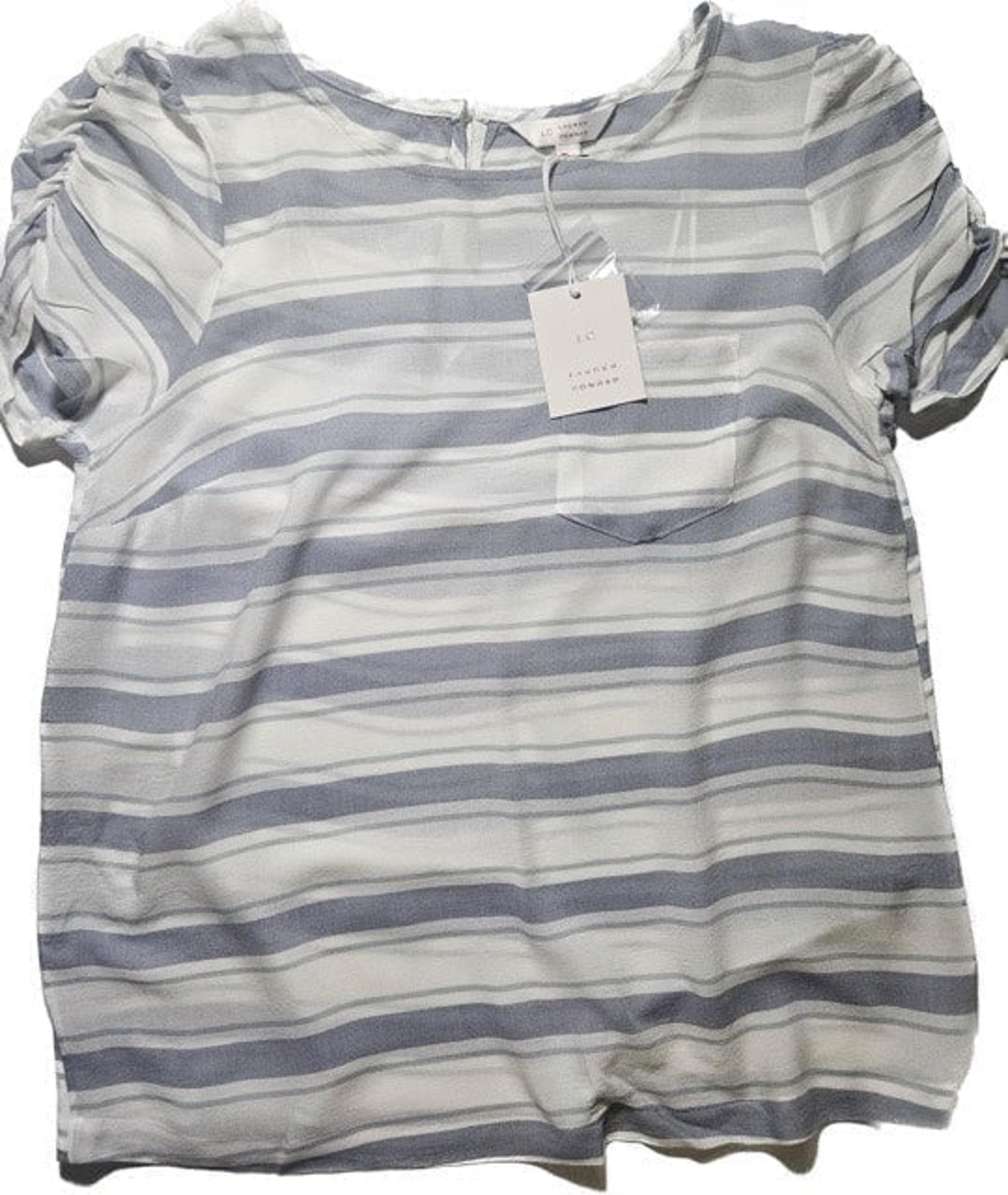 LC Lauren Conrad Blouse Women's Small Blue Green White Stripe Ruched Sleeves