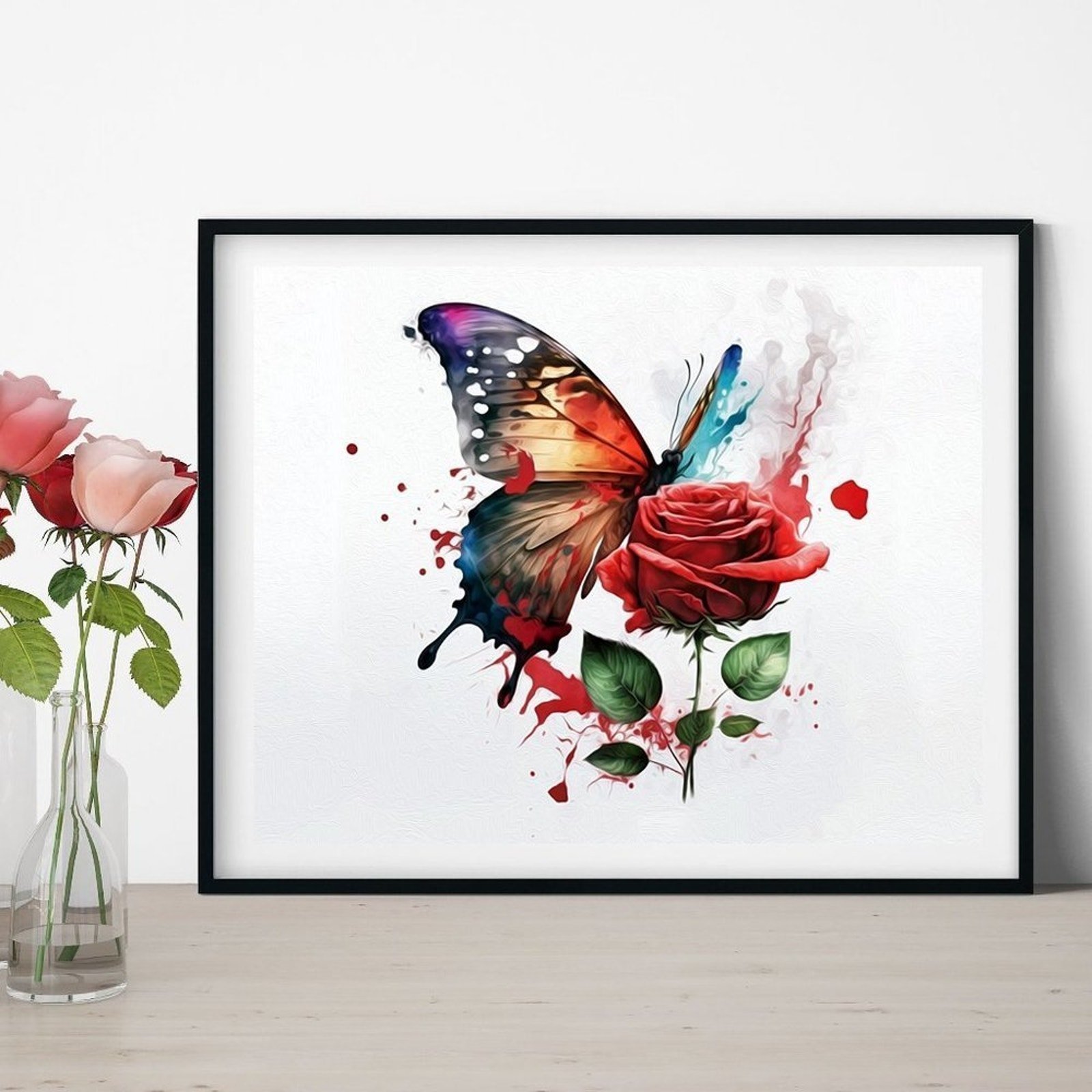 11x14 Butterfly with a Single Red Rose Watercolor Oil Painting Art Print