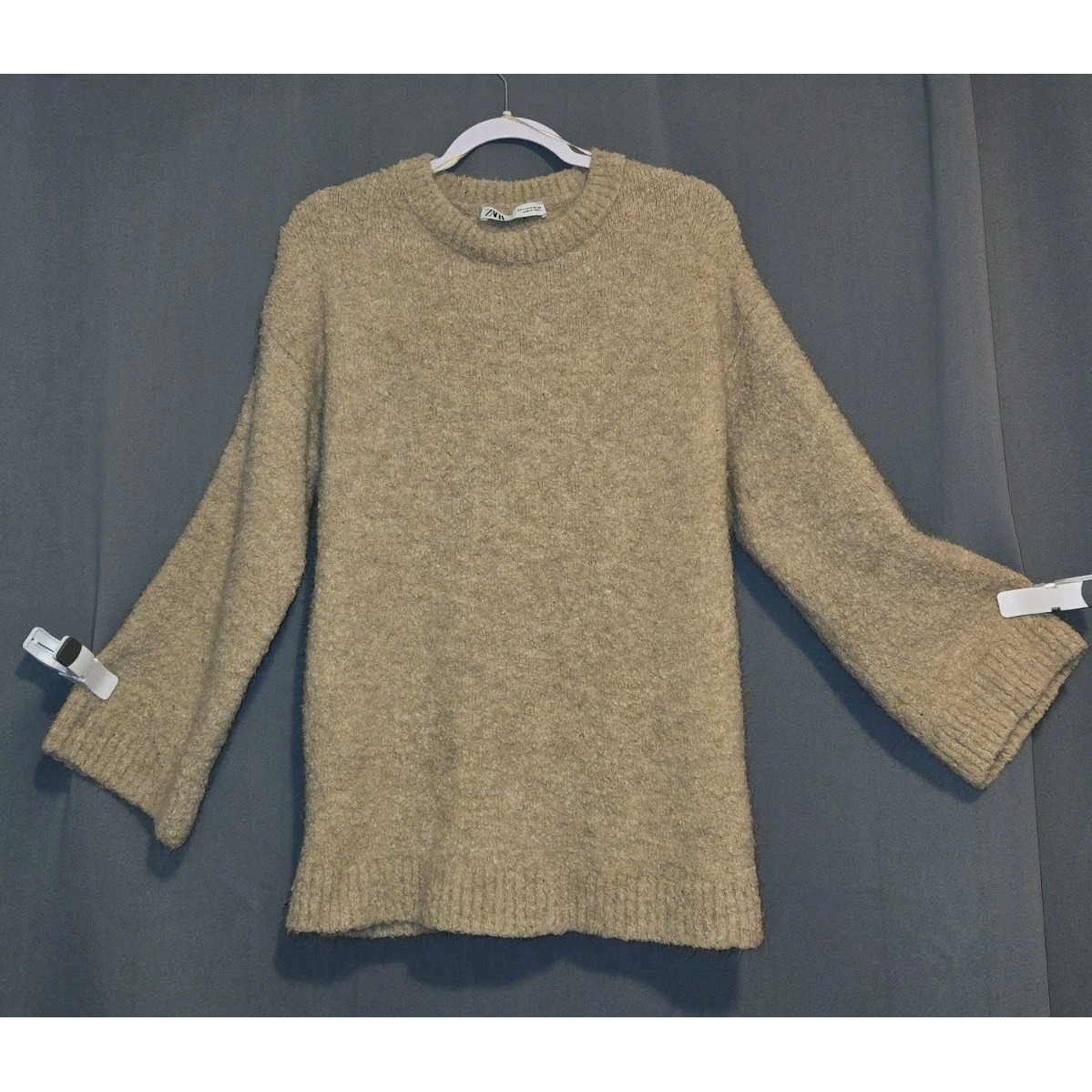 Zara Fawn Taupe Chunky Long Length Stretchy Knit Jumper Sweater Size Small