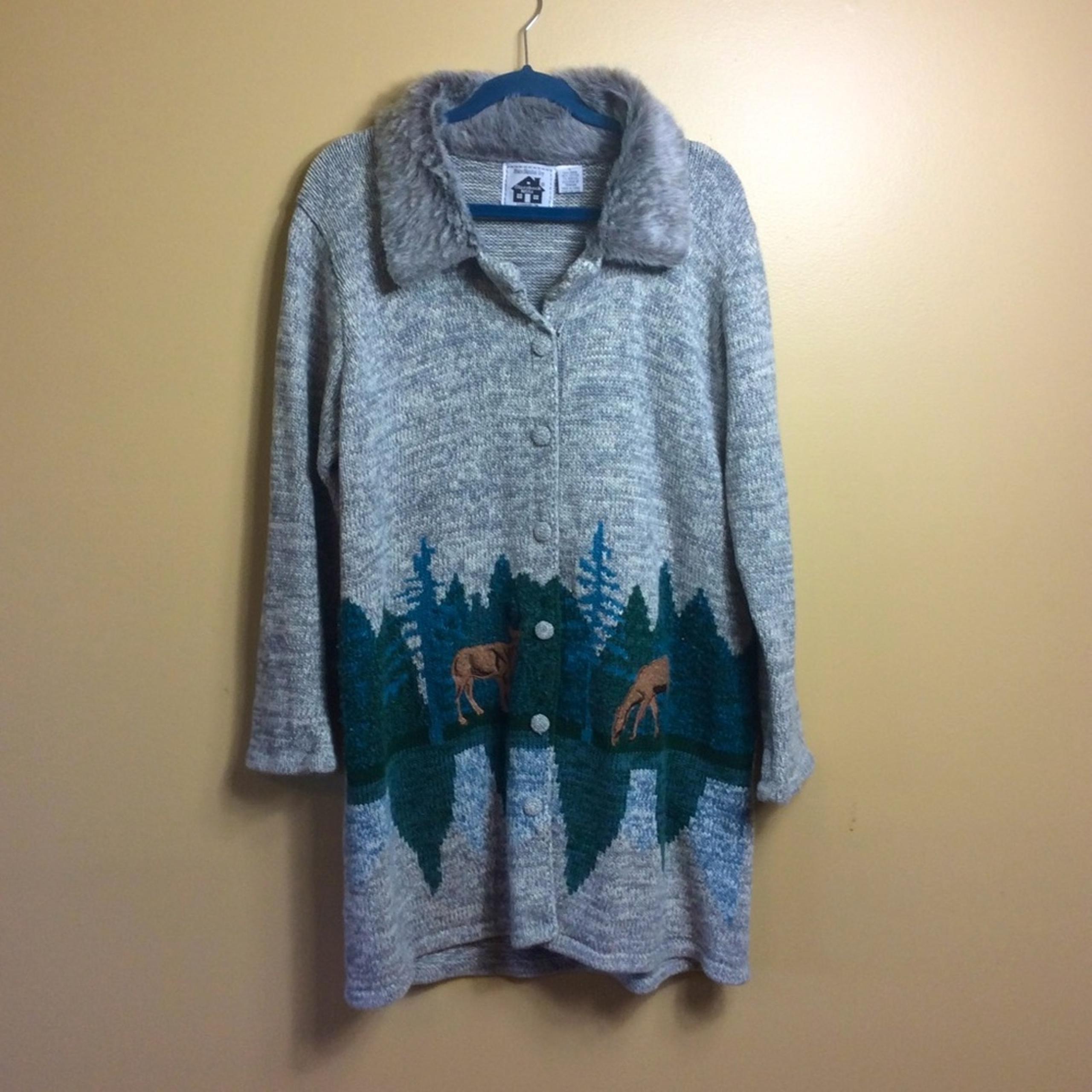 Storybook Knits long gray Woodland cardigan sweater. Large. Deer