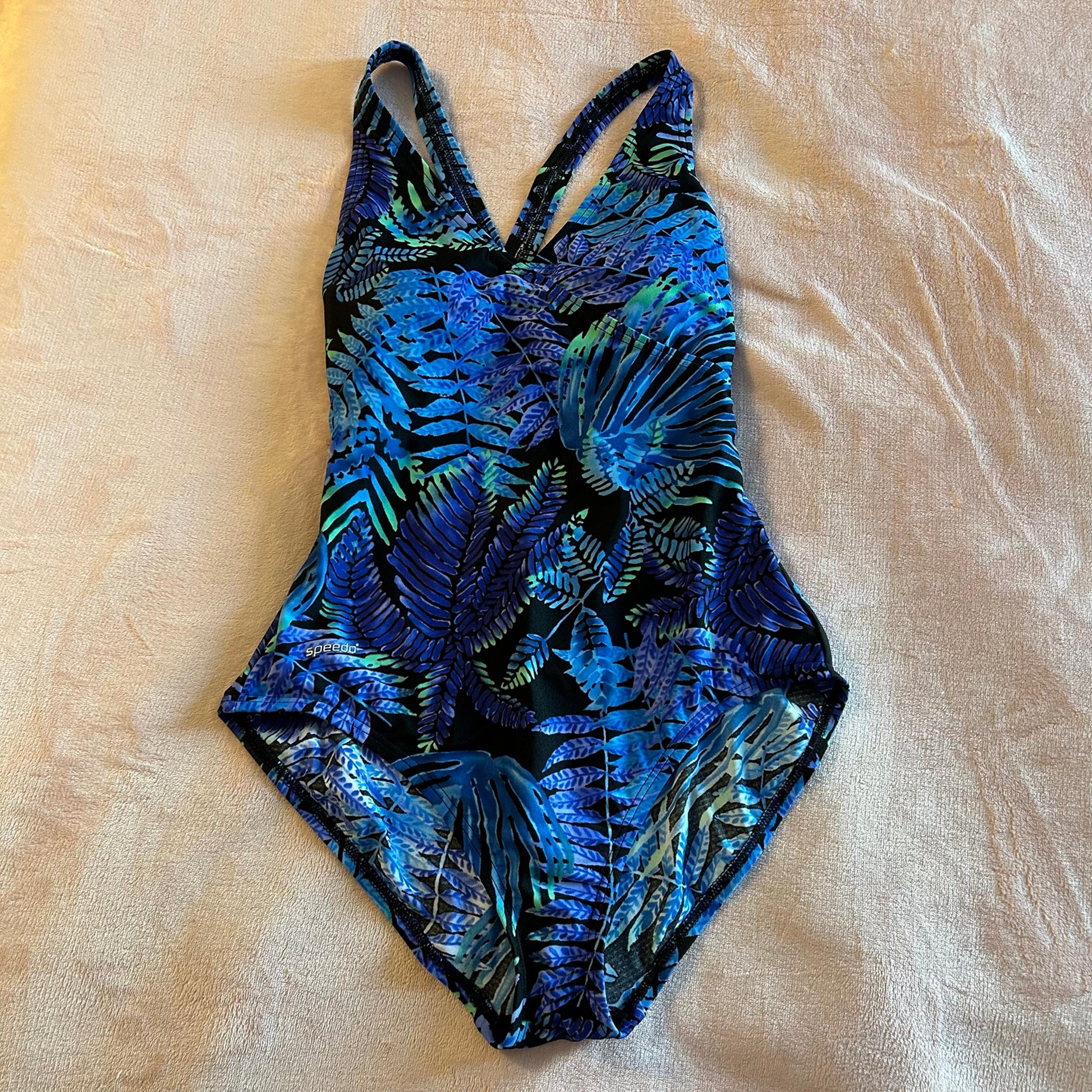 Speedo black and blue tropical print one piece swimsuit crossed straps size 12