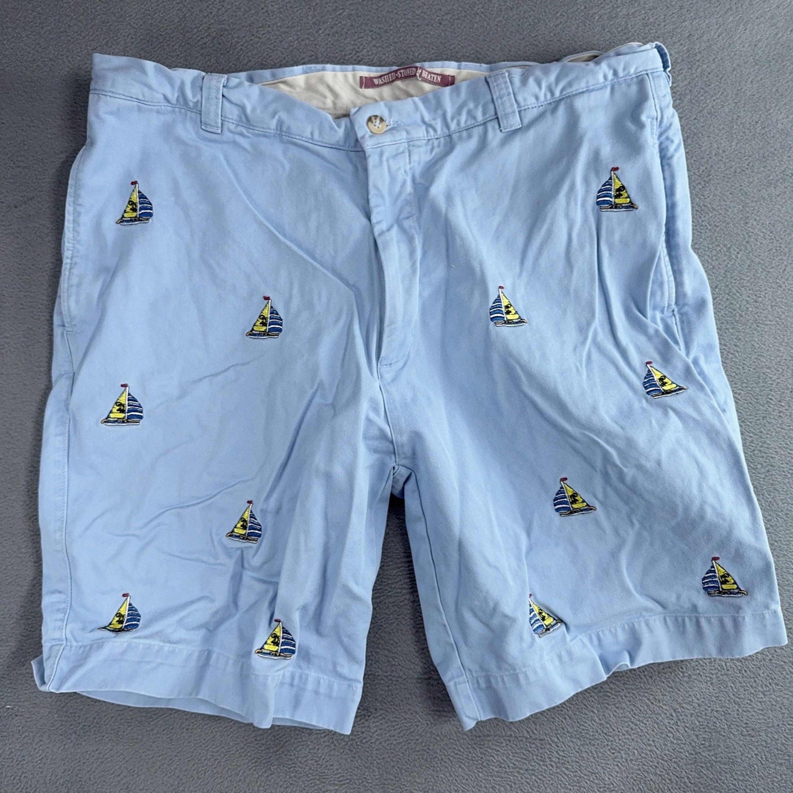 Berle Washed Stoned and Beaten Sail Boats Embroidered Blue Shorts Mens Size 38
