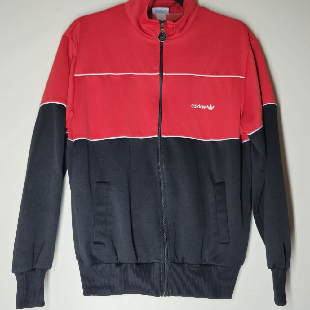 VINTAGE 80s Adidas Track Jacket Mens M Blsck Red Trefoil Logo Full Zip