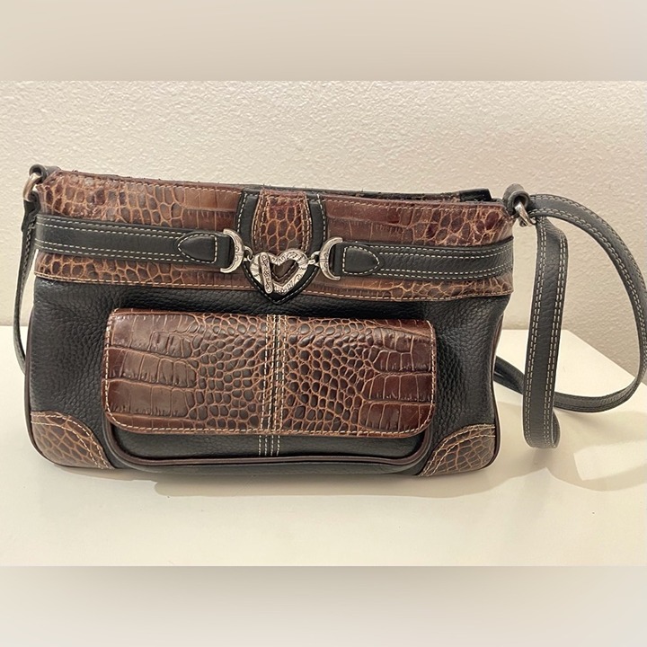 Brighton Women’s Vintage Purse Shoulder Brown Embossed Croc Black Leather Bag