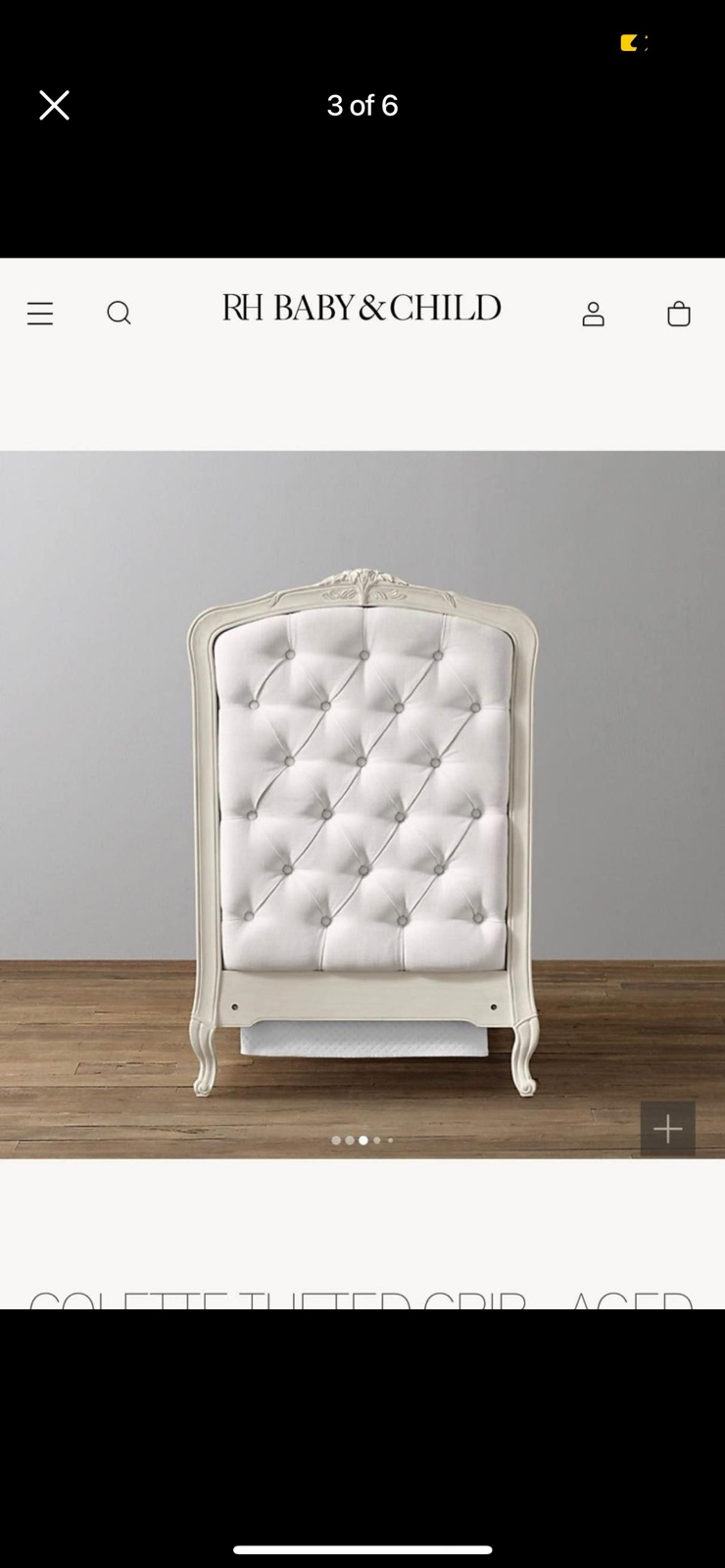 RH Baby Colette tufted crib in Aged White plus toddler conversion kit and RH Bea