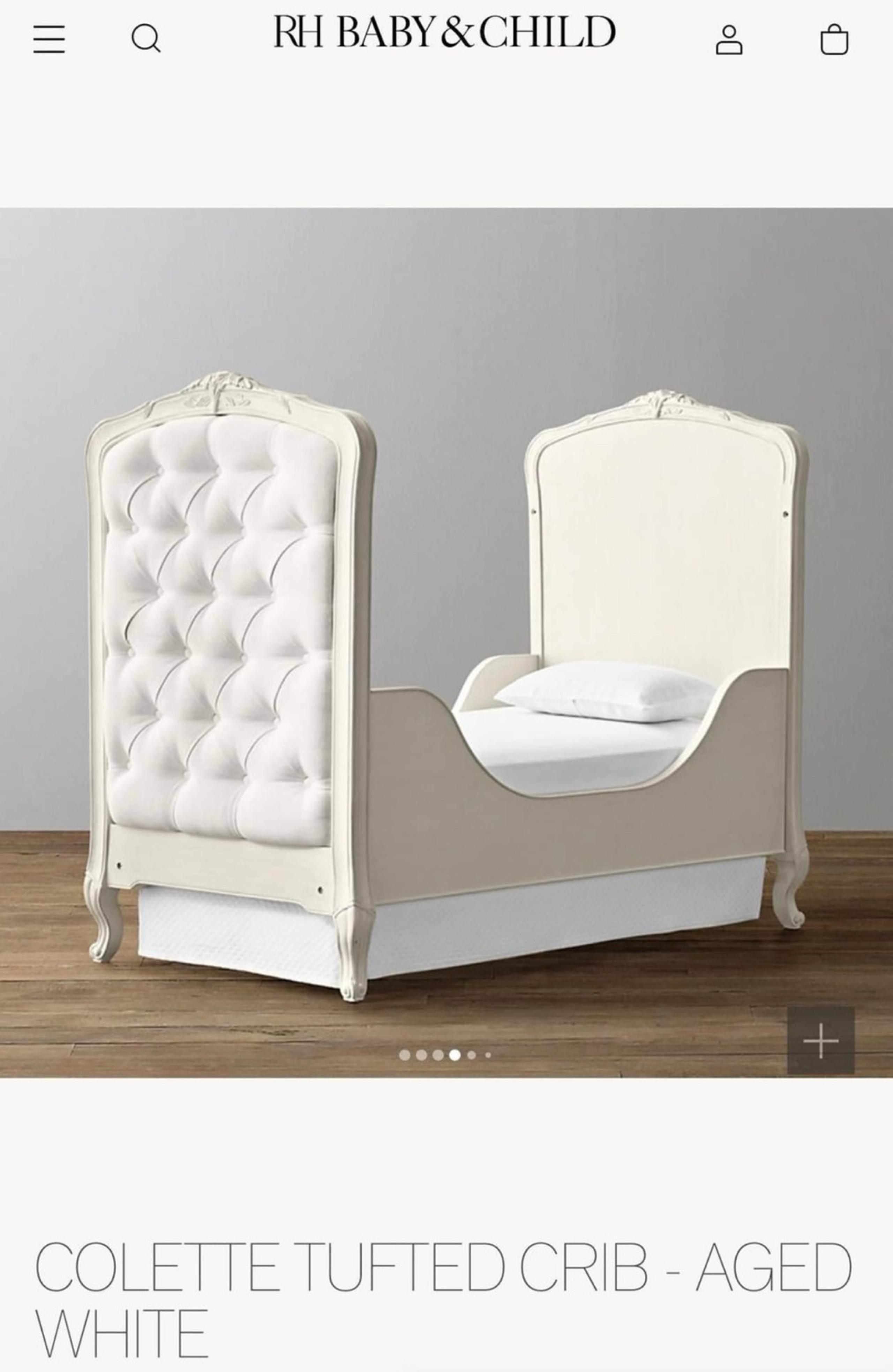 RH Baby Colette tufted crib in Aged White plus toddler conversion kit and RH Bea