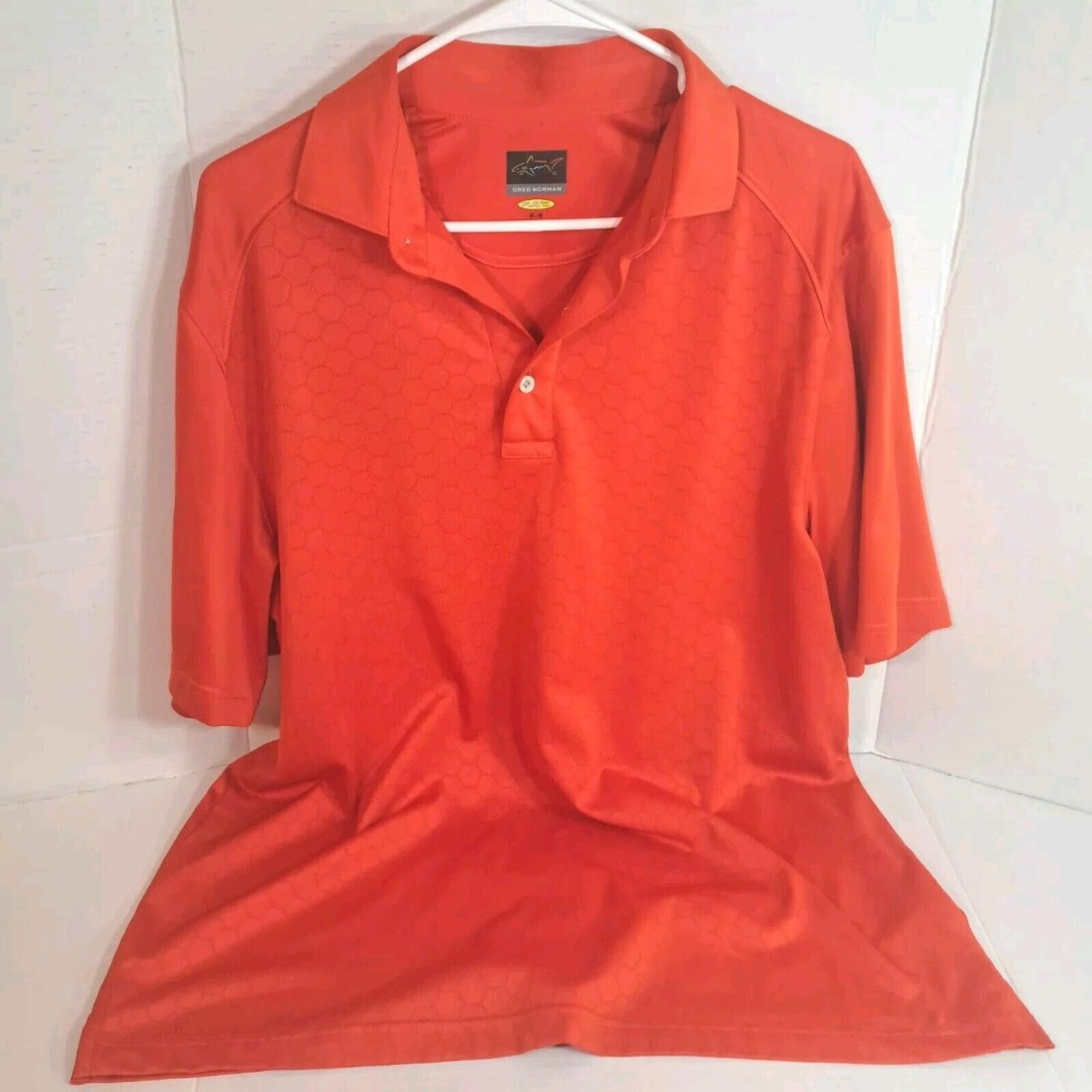 Greg Norman Mens Medium Play Dry Golf Orange Polo Shirt Shark Logo Hexagon