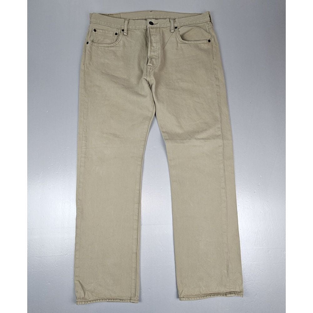 Levis 501 Jeans Mens 34x30 Tan Button Fly Khaki Vintage Denim.