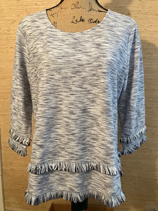 Style & Co Navy/White Blend 3/4 Sleeve Fringed Pullover Top Size M