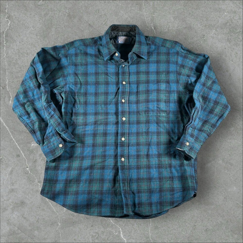 Vintage Pendleton Flannel Shirt Mens Large Blue Plaid Pure Virgin Wool Button Up
