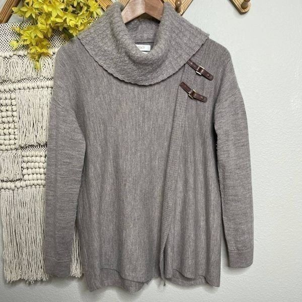 Ellen Tracy Tan Cowl-Neck Buckle Sweater
