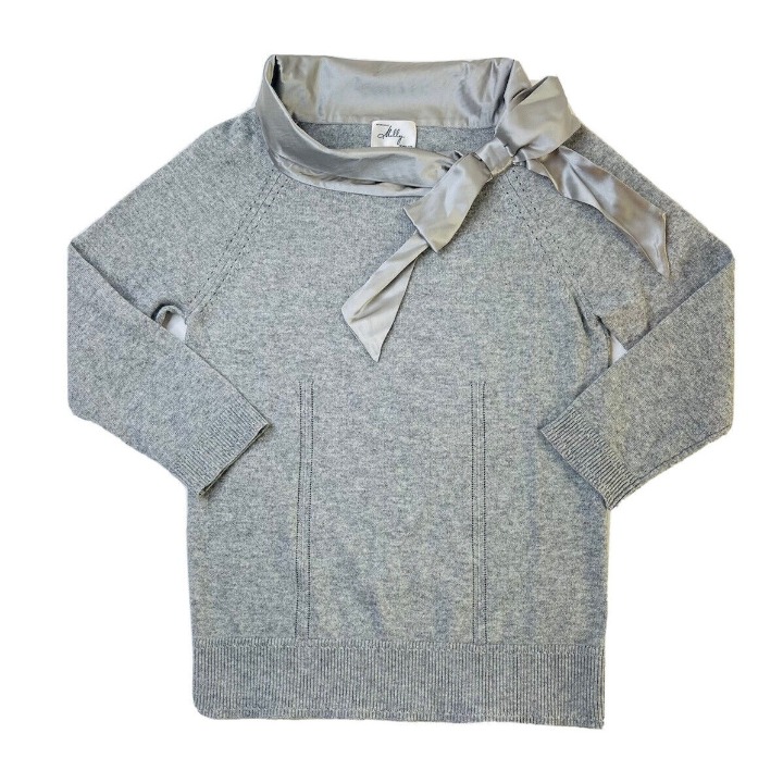 Milly Of New York Womens Medium Satin Bow Boat Neck Cashmere Sweater Gray