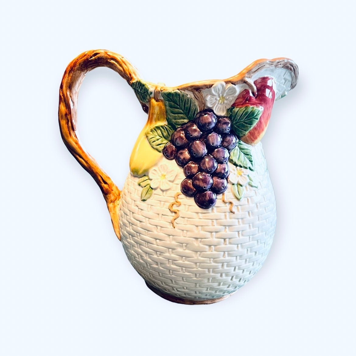 Fitz and Floyd Basketweave 1990 Ceramic 2 3/4 Qt Fruit Pitcher