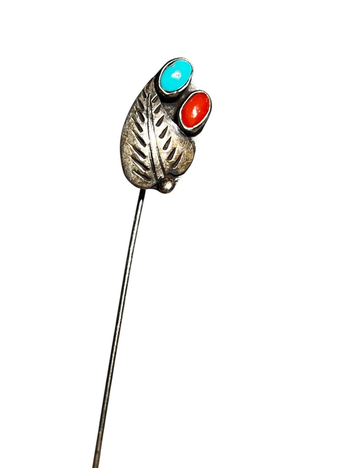Vintage Native American Sterling Turquoise & Coral Leaf Stick /Hat Pin, 3”