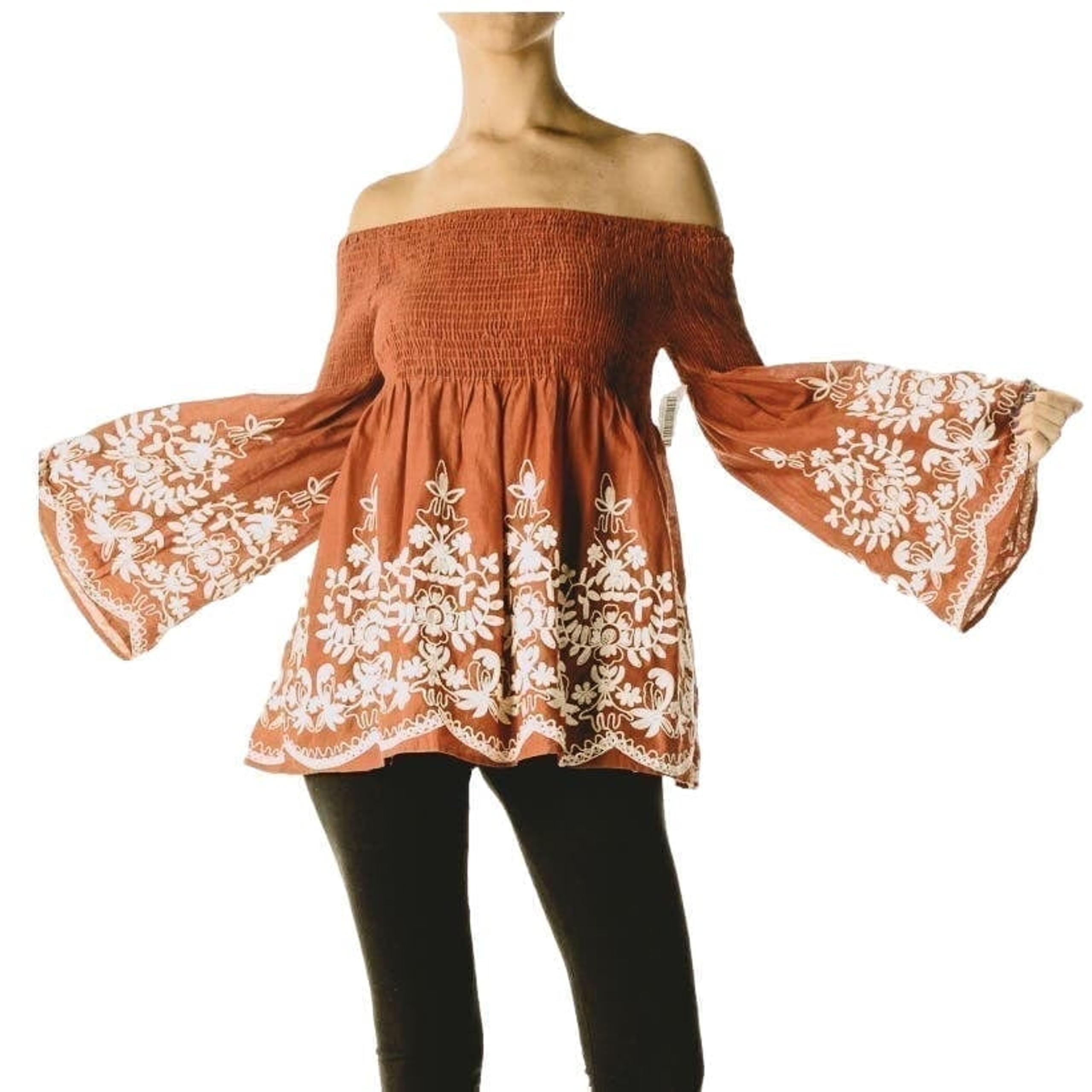 Flying Tomato Boho Smocked Off Shoulder Embroidered Bell Sleeve Top Size Small