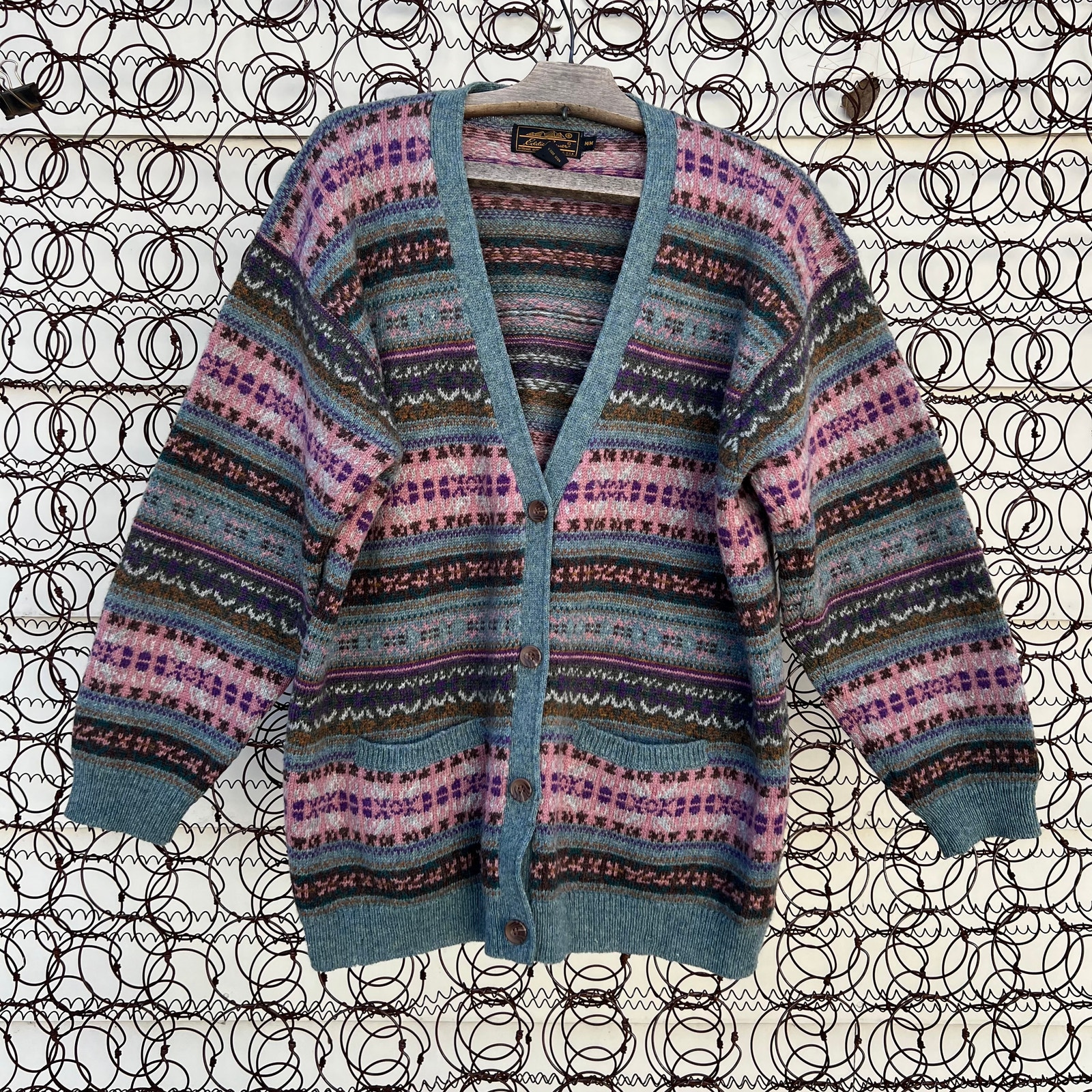 Vintage Eddie Bauer wool fair isle cardigan sweater pink pastel gray